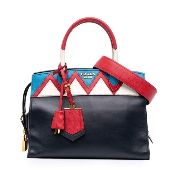 Pre-Loved Prada Medium Saffiano Trimmed City Calf Greca Esplanade Satchel - Picture 1 of 12